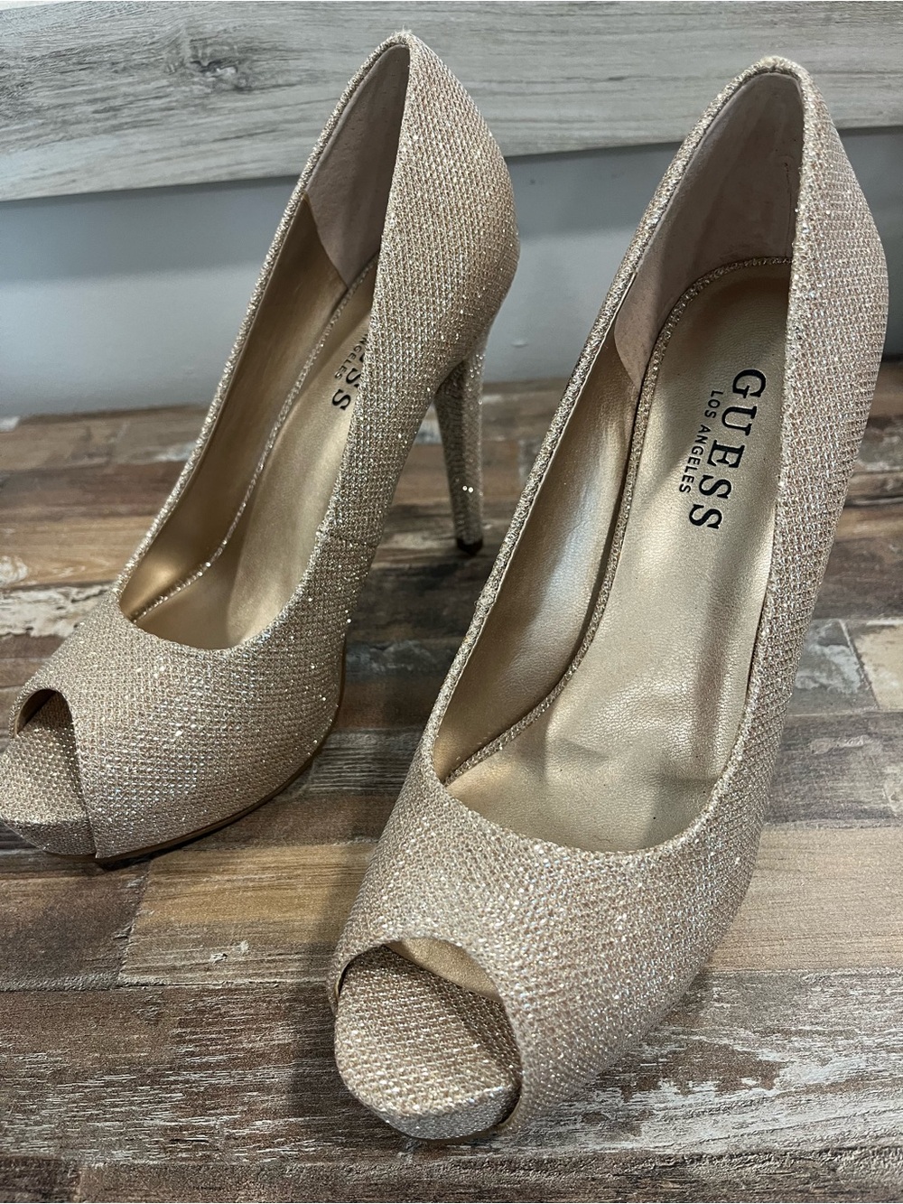 GUESS Champagne Glitter Peep-Toe High Heels